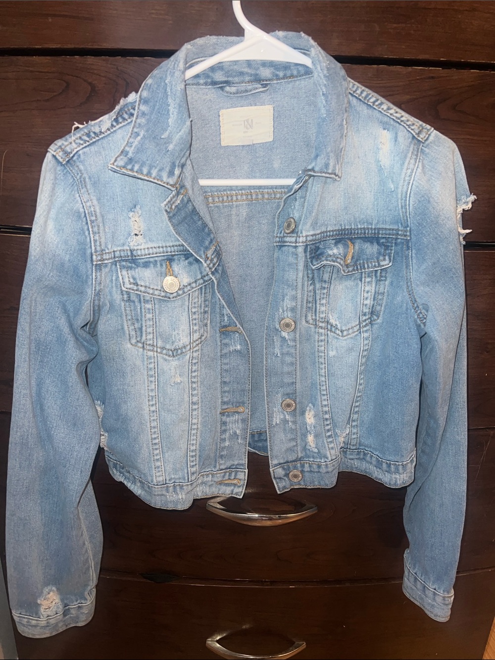 Light Blue Distressed Denim Jacket - Women